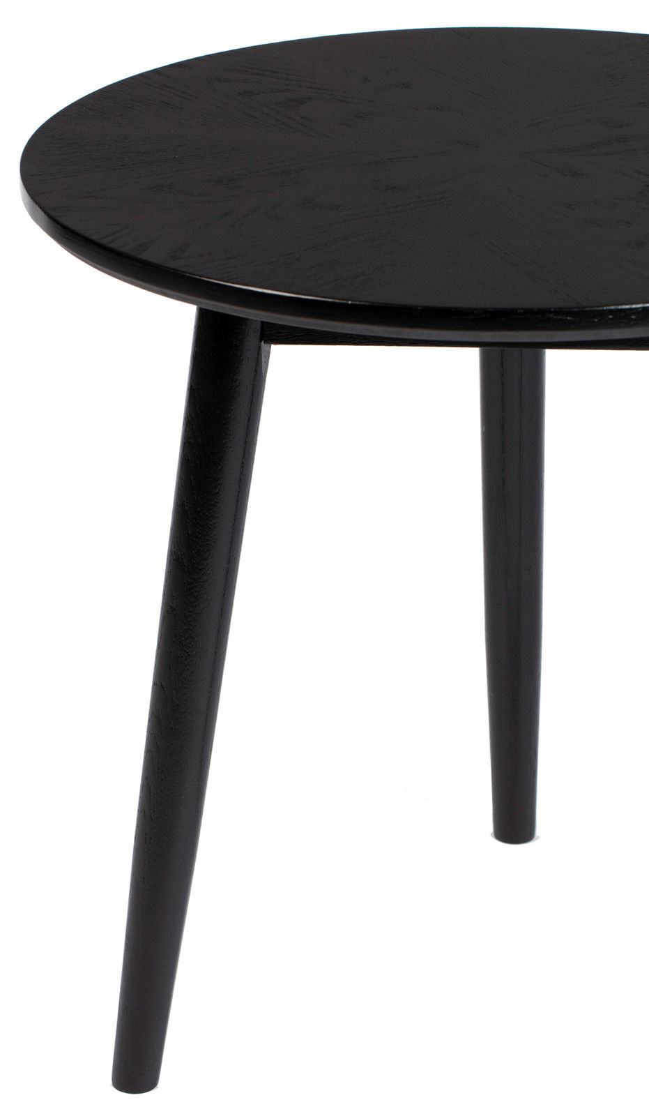 Runder schwarzer Couchtisch aus Holz mit drei Beinen, seitliche Perspektive