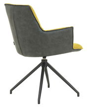 Moderner Sessel mit grauem Lederbezug und gelber Stoffpolsterung, seitliche Perspektive