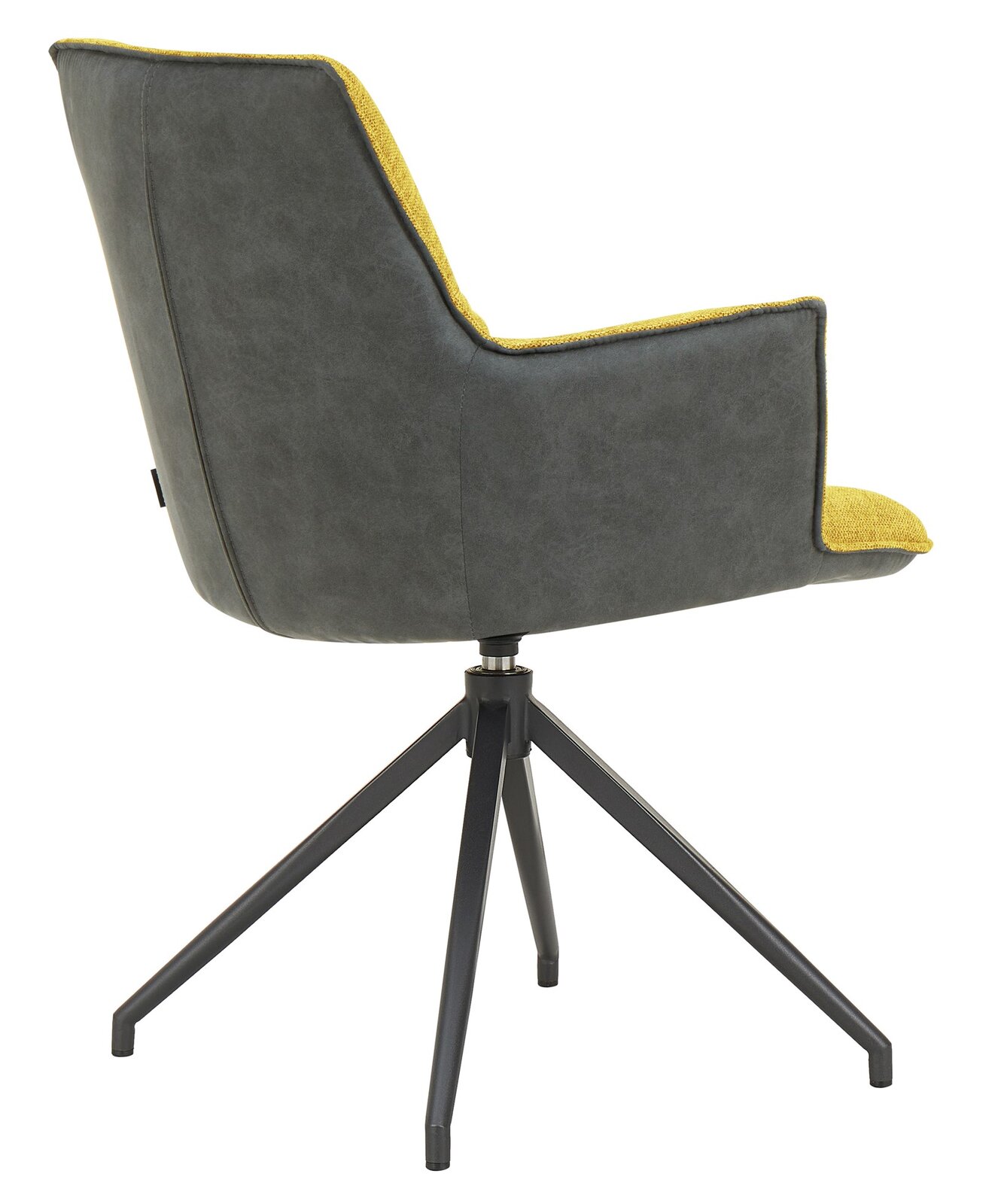 Moderner Sessel mit grauem Lederbezug und gelber Stoffpolsterung, seitliche Perspektive