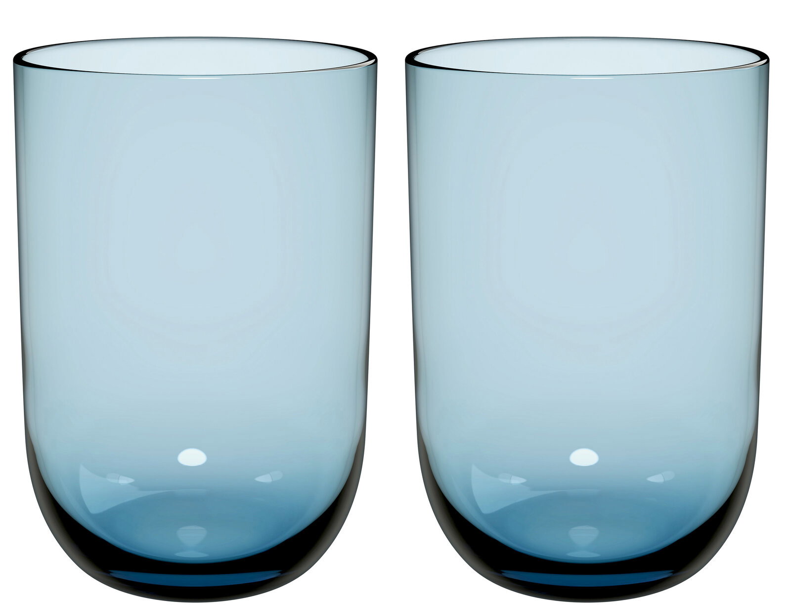 Like by Villeroy & Boch Longdrinkbecher 2-tlg. LIKE ICE Zwei blaue Longdrinkbecher aus Glas, frontal fotografiert, mit glatter Oberfläche und leichtem Farbverlauf.