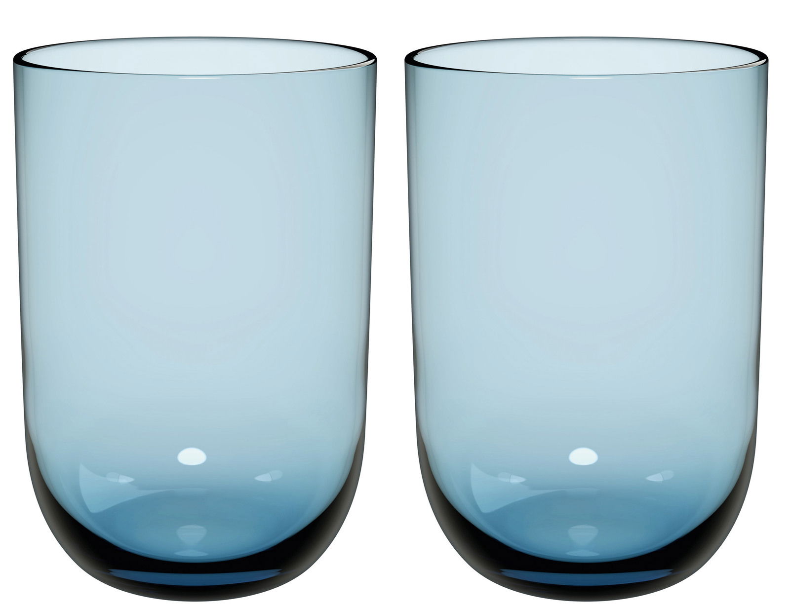 Zwei blaue Longdrinkbecher aus Glas, frontal fotografiert, mit glatter Oberfläche und leichtem Farbverlauf.