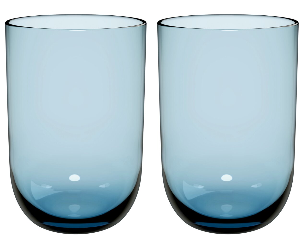 Zwei blaue Longdrinkbecher aus Glas, frontal fotografiert, mit glatter Oberfläche und leichtem Farbverlauf.