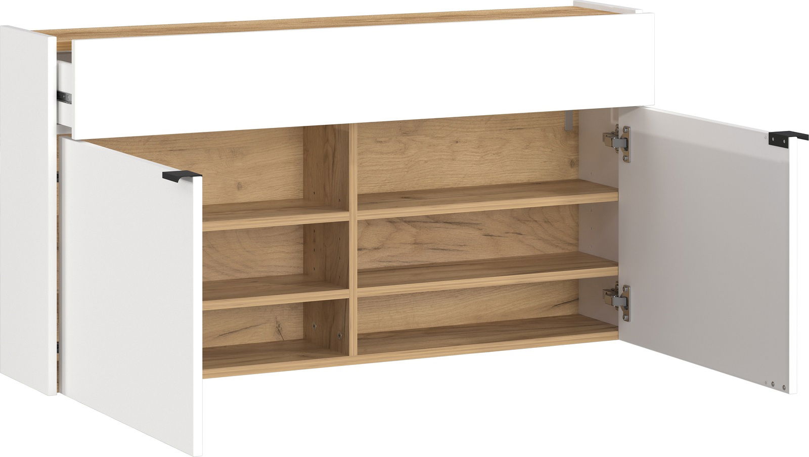 MID.YOU Hängeschuhschrank breit AMECA Breiter Hängeschuhschrank mit offenen Türen, zeigt Innenfächer aus Holz, Frontansicht