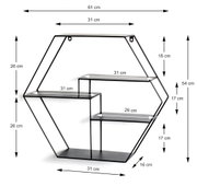 Schwarzes, sechseckiges Wandregal aus Metall mit drei Ablageflächen und Maßangaben (ca. 61 cm breit, 54 cm hoch, 16 cm tief), in frontaler Ansicht leicht schräg von vorn fotografiert.