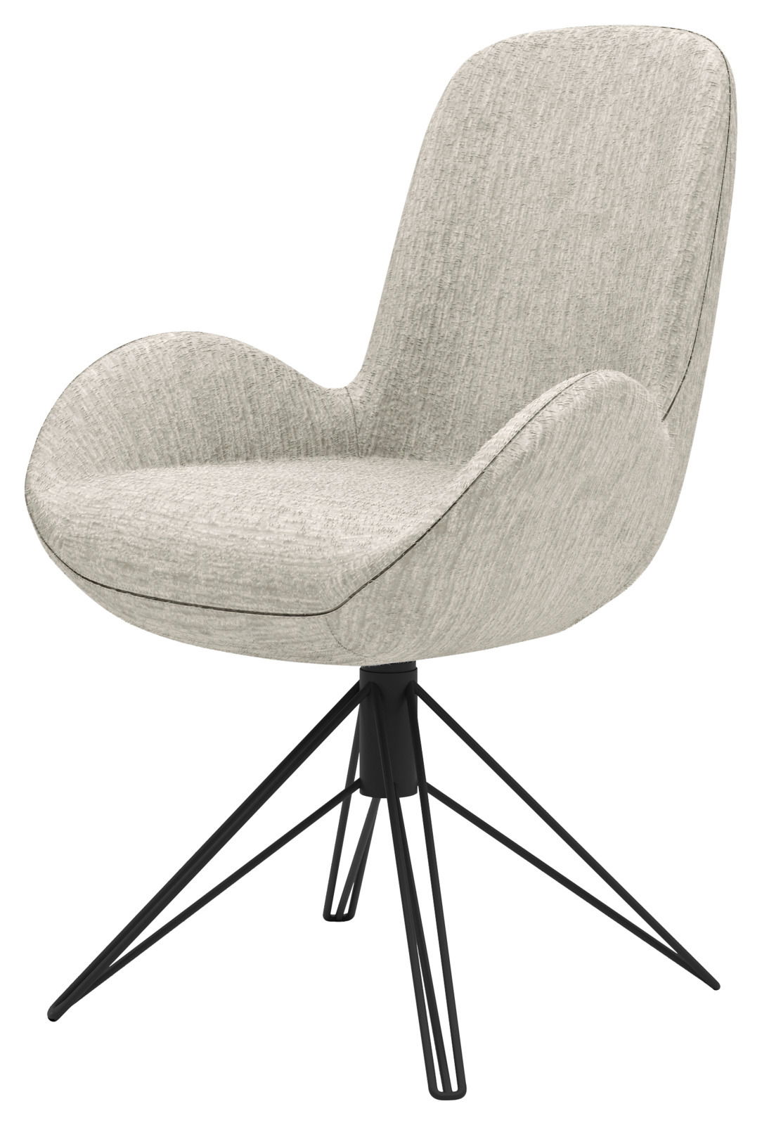 Moderner Armlehnstuhl mit hellgrauem Stoffbezug und schwarzem Metallgestell, seitliche Perspektive