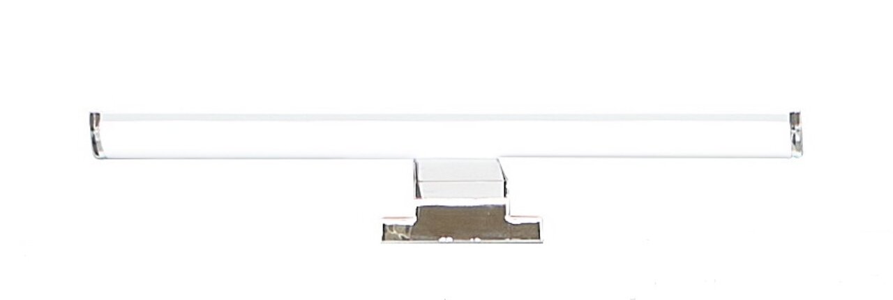 LED-Aufsatzleuchte in Frontalansicht mit schlichtem, modernem Design und chromfarbenem Sockel.