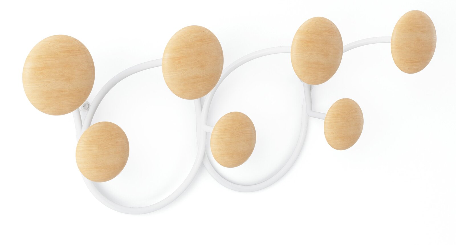 Moderne Wandgarderobe mit runden Holzkugeln auf weißem Metallrahmen, seitliche Perspektive