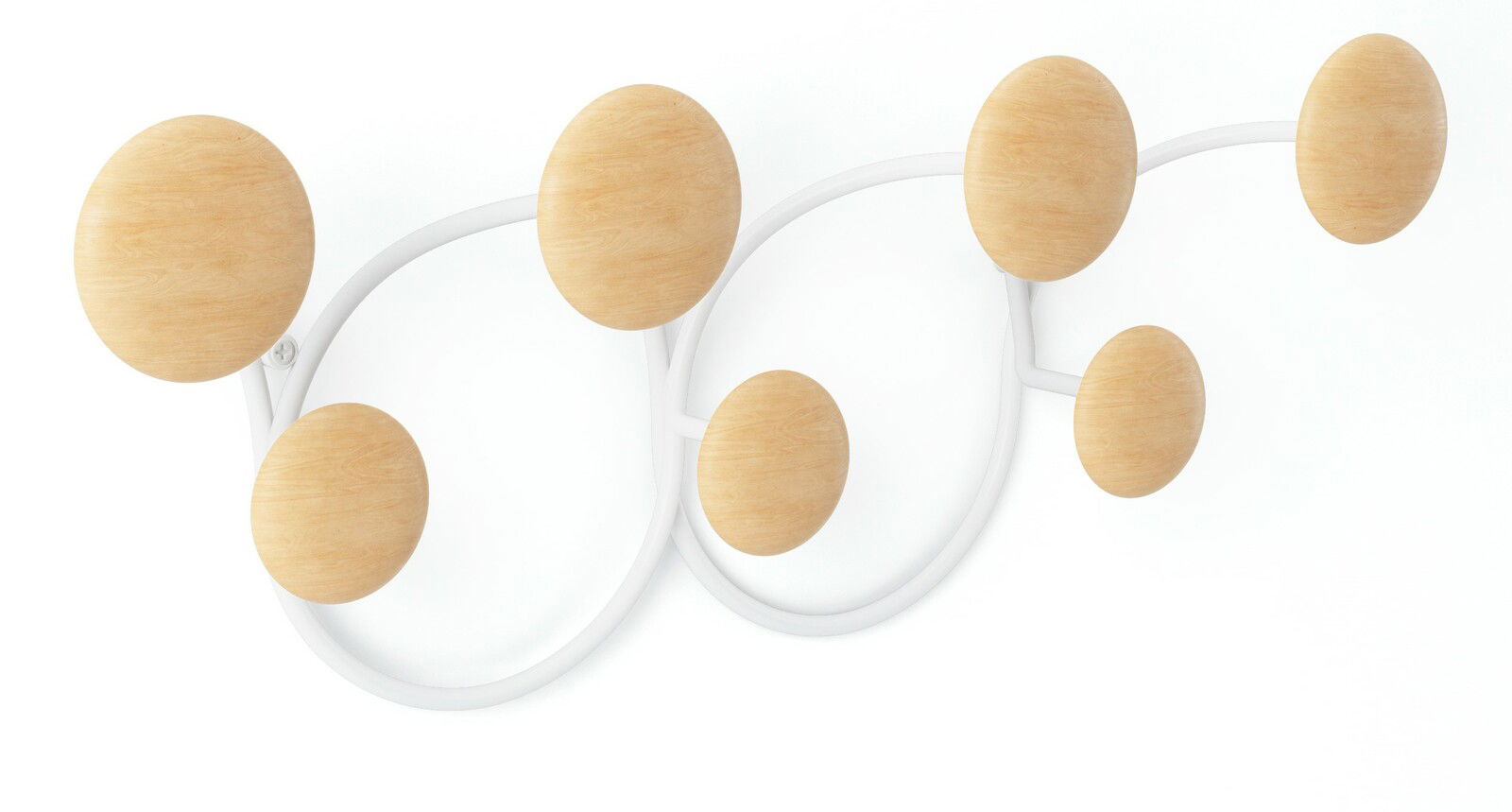 Moderne Wandgarderobe mit runden Holzkugeln auf weißem Metallrahmen, seitliche Perspektive