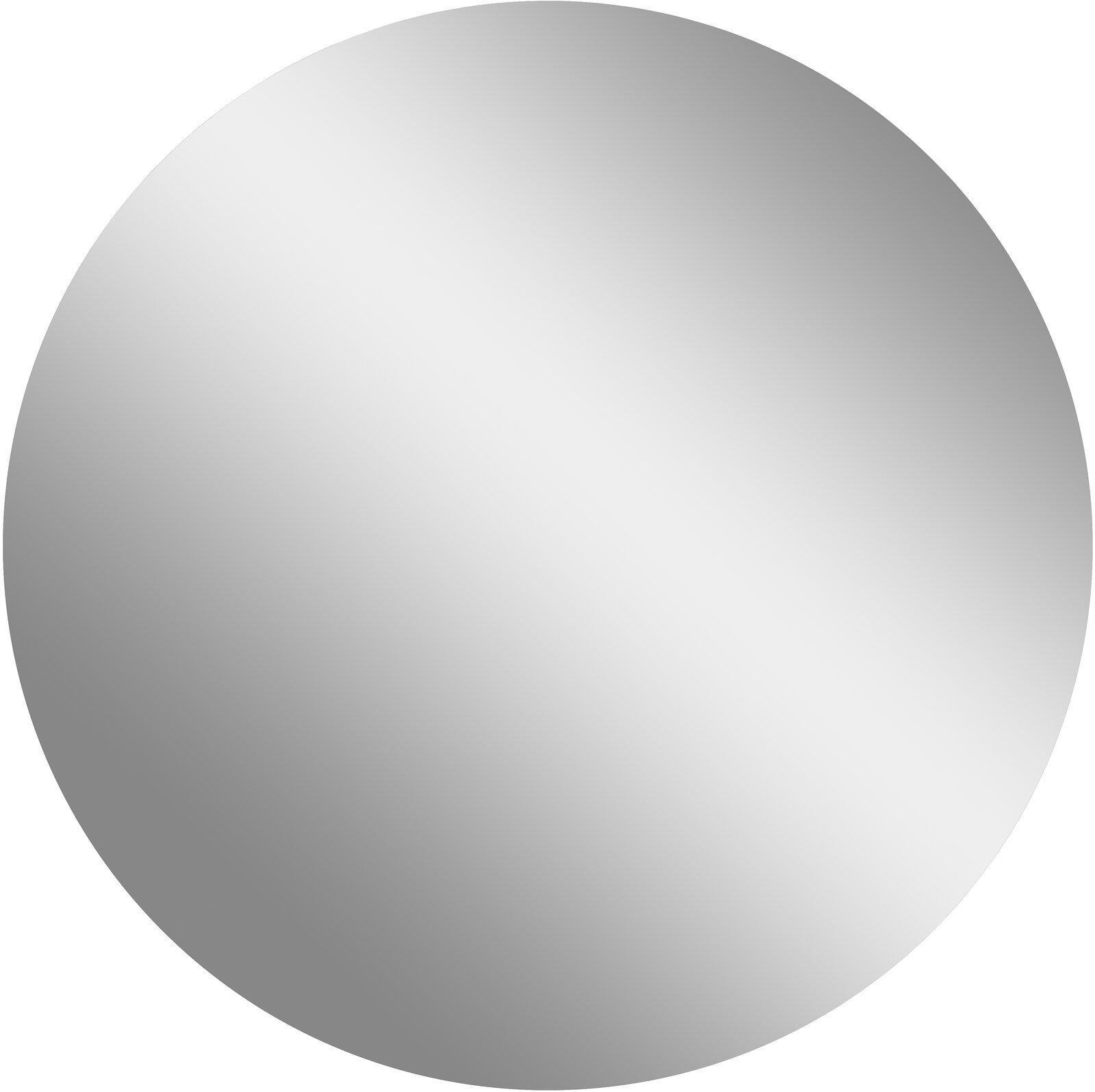 Runde, silberne Scheibe mit glatter Oberfläche und sanftem Farbverlauf, frontal von oben (Draufsicht) freigestellt auf weißem Hintergrund