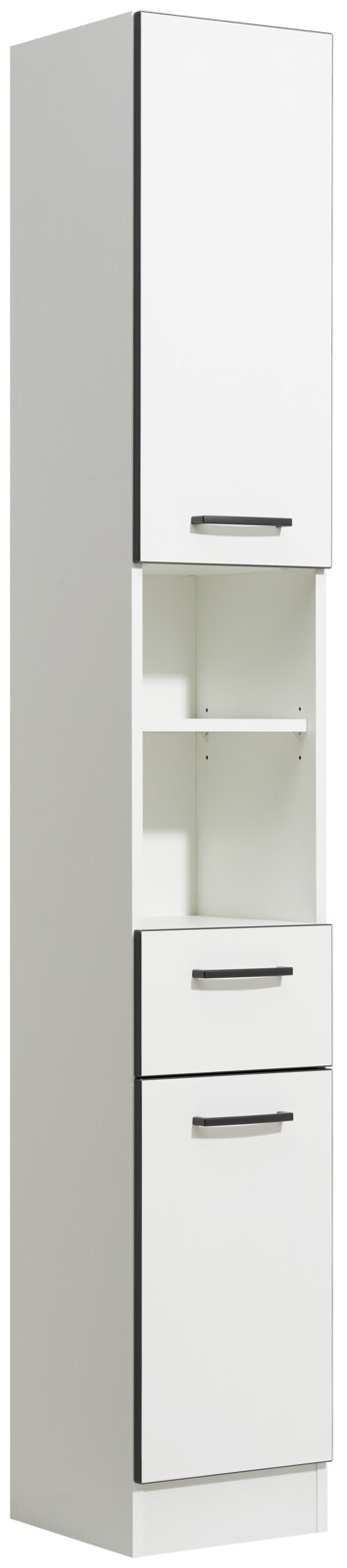 Pelipal Hoge kast FRANKFURT Hoge witte badkamerkast met bovenste deur, open vak met legplank, lade en onderste deur met zwarte handgrepen, vrijstaand in licht zijaanzicht (3/4-perspectief)