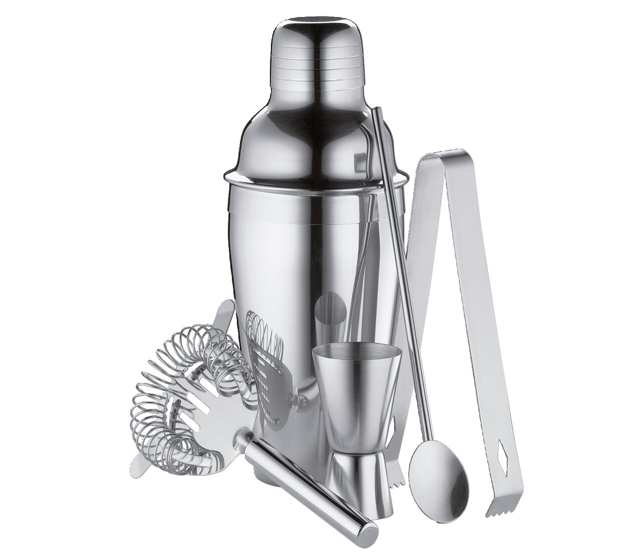 Poliertes 5-teiliges Barset von Cilio, bestehend aus einem Cocktailshaker, einem Messbecher, einem Barlöffel, einer Eiszange und einem Barsieb, frontal abgebildet.