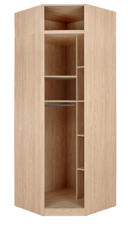 Eckschrank Korpus 242 aus hellem Holz mit offener Frontansicht, zeigt Regale und Kleiderstange.