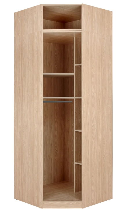 Eckschrank Korpus 242 aus hellem Holz mit offener Frontansicht, zeigt Regale und Kleiderstange.