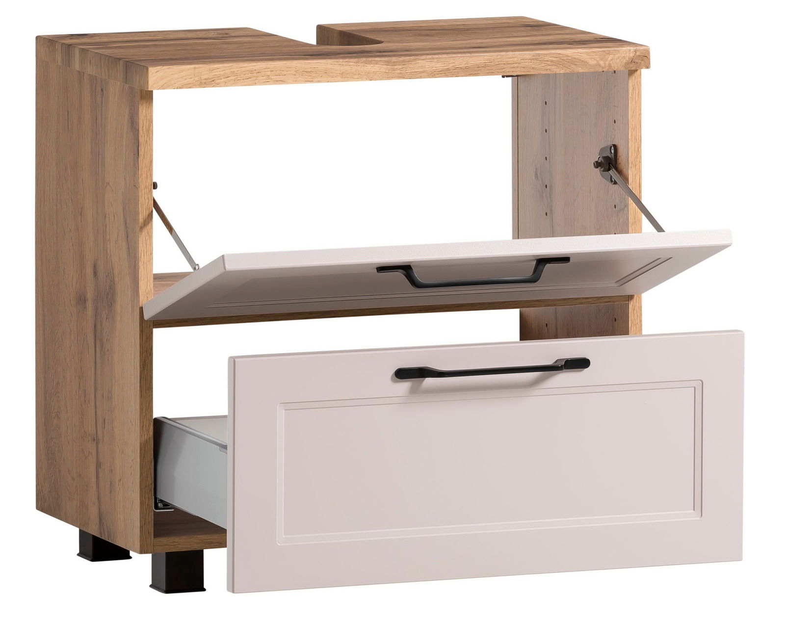 Waschbeckenunterschrank aus Holz mit zwei Schubladen, eine in Holzoptik und eine in Weiß, seitliche Perspektive