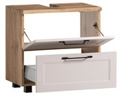 Waschbeckenunterschrank aus Holz mit zwei Schubladen, eine in Holzoptik und eine in Weiß, seitliche Perspektive