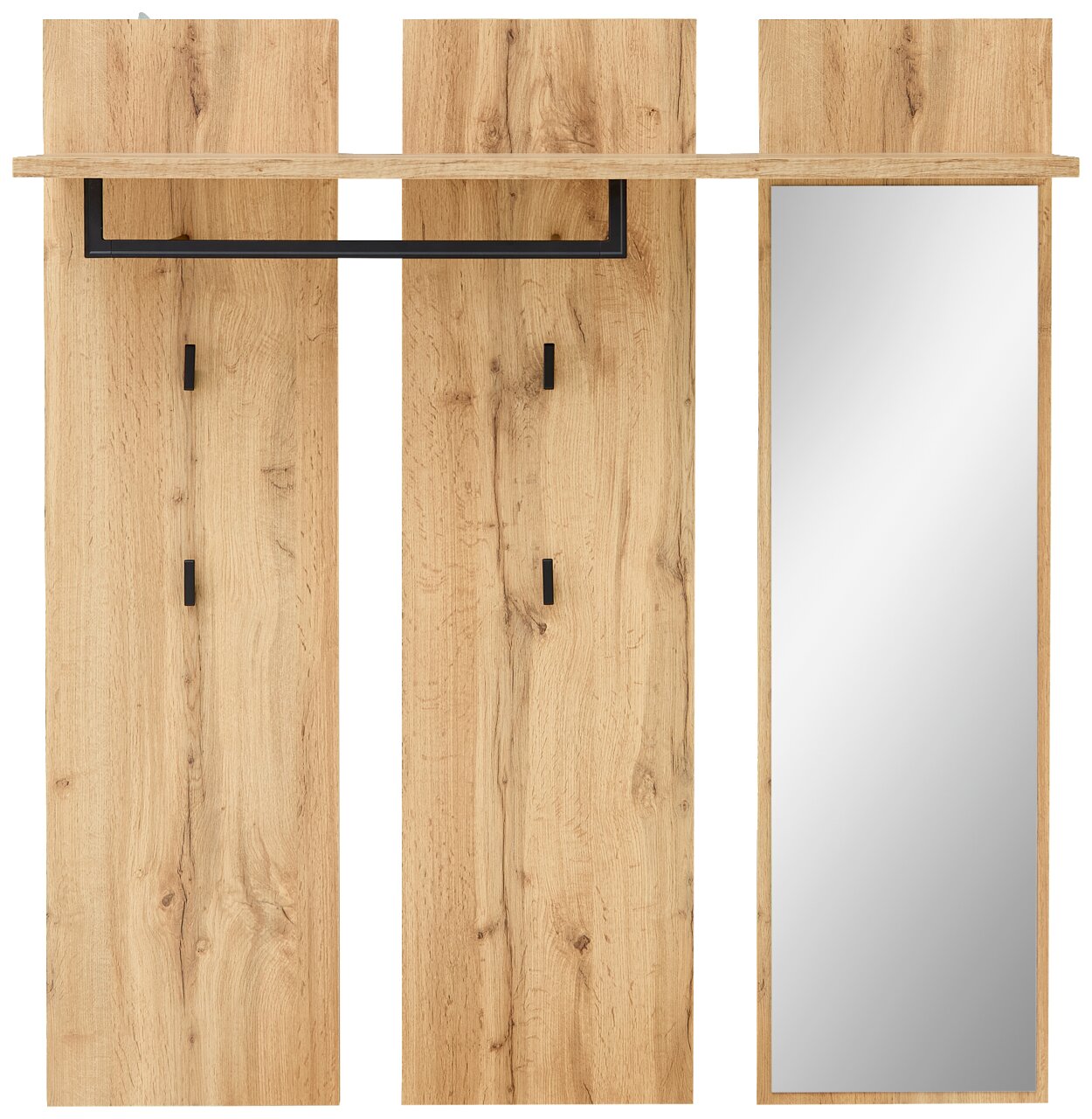 Breites Garderobenpaneel aus Holz mit Spiegel, Haken und Ablage, Frontalansicht