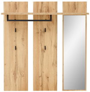 Breites Garderobenpaneel aus Holz mit Spiegel, Haken und Ablage, Frontalansicht