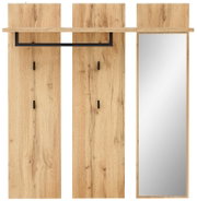 Breites Garderobenpaneel aus Holz mit Spiegel, Haken und Ablage, Frontalansicht