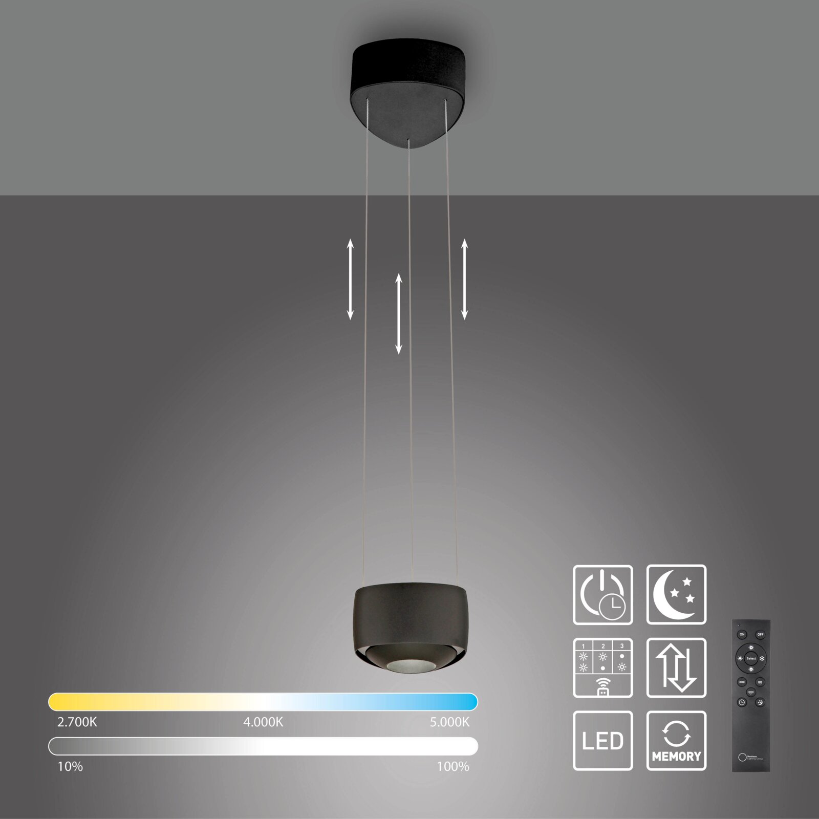 Schwarze LED-Pendelleuchte mit zylindrischem Schirm und höhenverstellbaren Seilaufhängungen, frontale Ansicht von leicht unten; mit Icons für dimmbar, CCT-Farbtemperatur 2700–5000 K, Nachtlicht, Memory-Funktion und Fernbedienung.