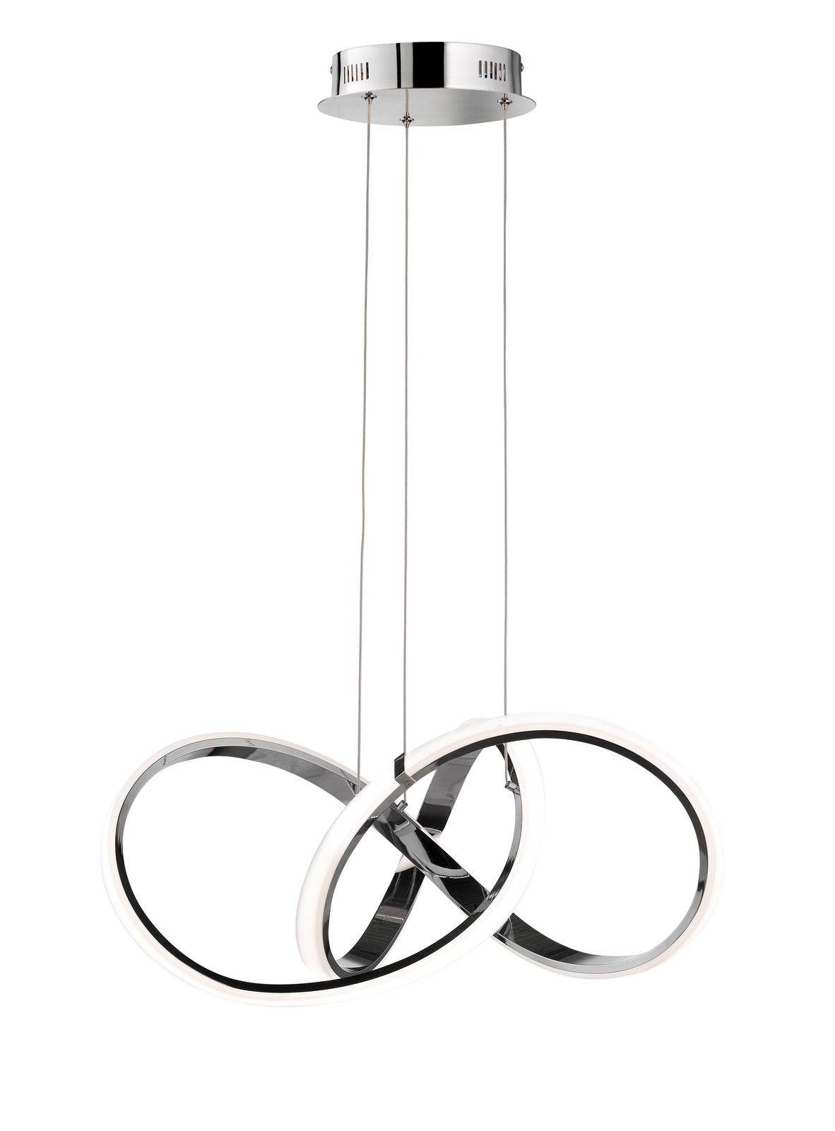 Moderne LED-Pendelleuchte mit zwei ineinander verschlungenen Ringen, seitliche Perspektive