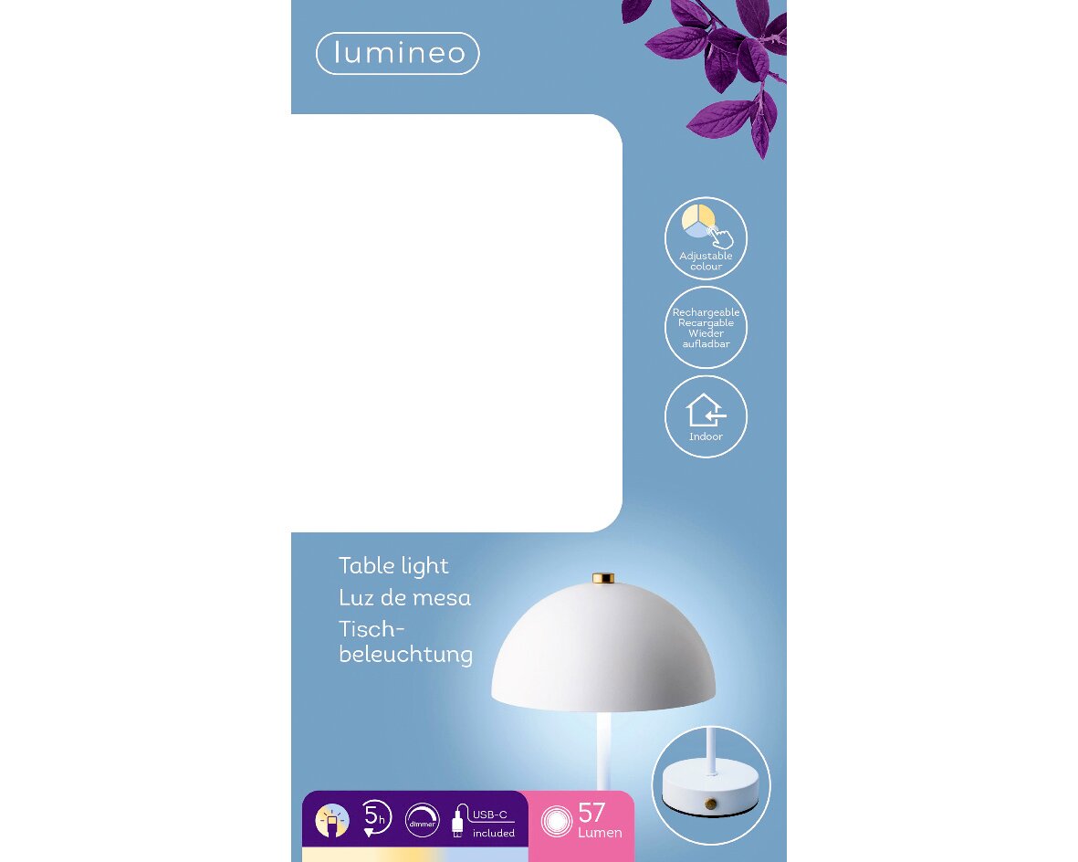 LED Tischleuchte mit verstellbarer Farbe, wiederaufladbar, für den Innenbereich, seitliche Perspektive