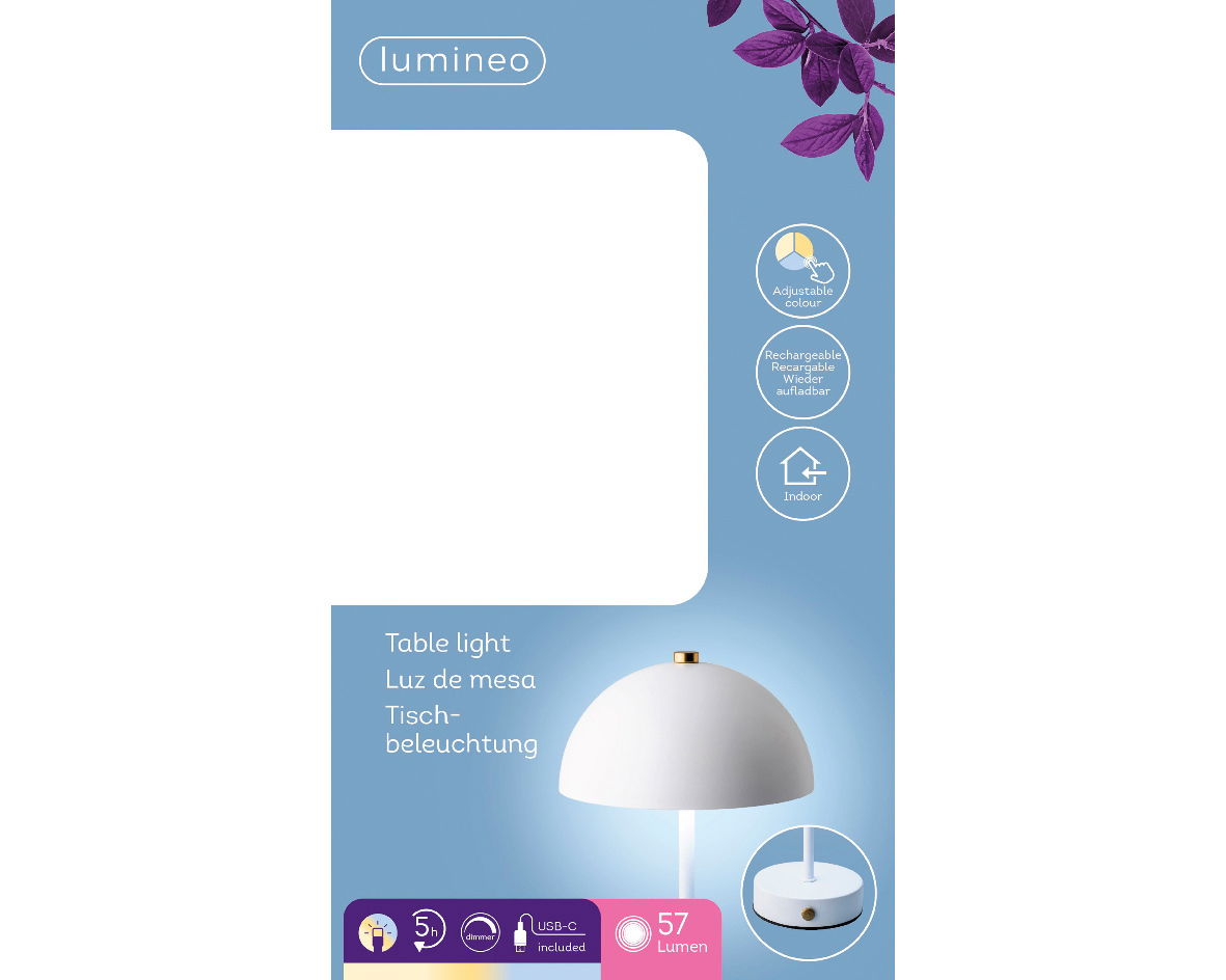 LED Tischleuchte mit verstellbarer Farbe, wiederaufladbar, für den Innenbereich, seitliche Perspektive