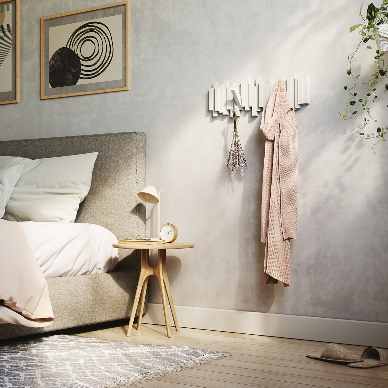 Umbra Wandkapstok STICKS Moderne Wandgarderobe in einem stilvollen Schlafzimmer, seitliche Perspektive