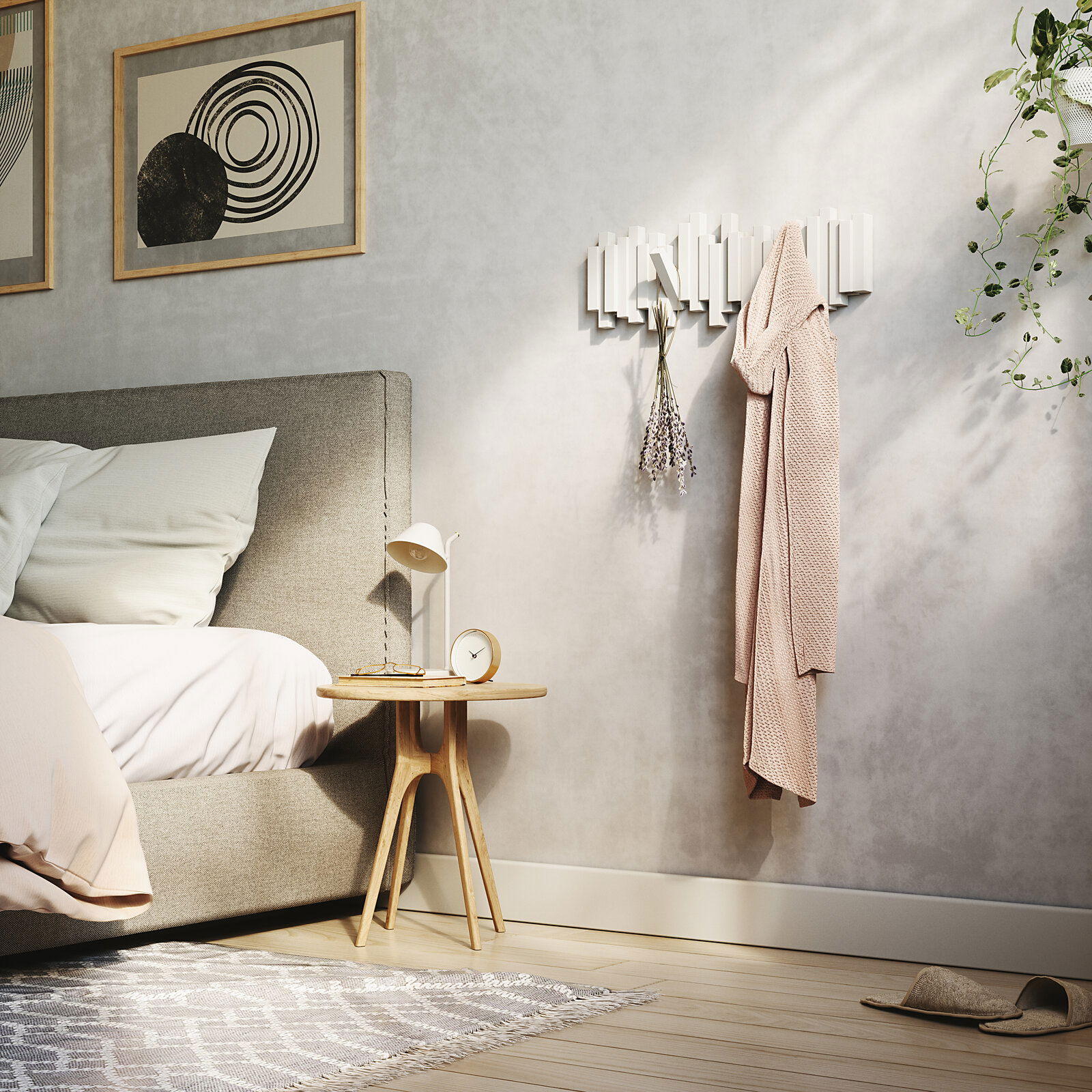 Umbra Wandgarderobe STICKS Moderne Wandgarderobe in einem stilvollen Schlafzimmer, seitliche Perspektive