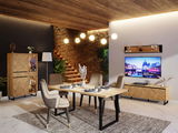 Modernes Wohnzimmer mit Esstisch, TV-Lowboard und Vitrine in Holzoptik, seitliche Perspektive