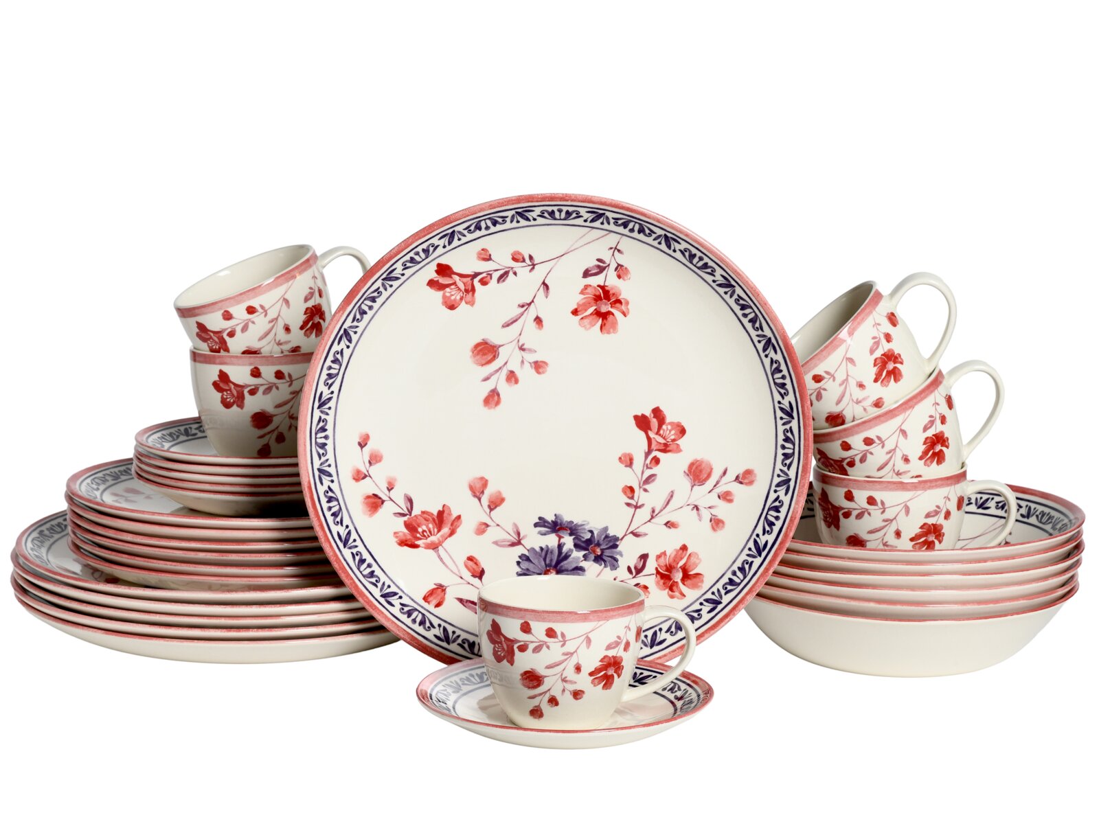 creaTable Kombiservice 30-tlg COTTAGE Keramik-Geschirrset mit Tellern, Schalen und Tassen in Weiß mit roten Blumenmotiven und blauem Rand, frontal in leichter Schrägansicht vor weißem Hintergrund