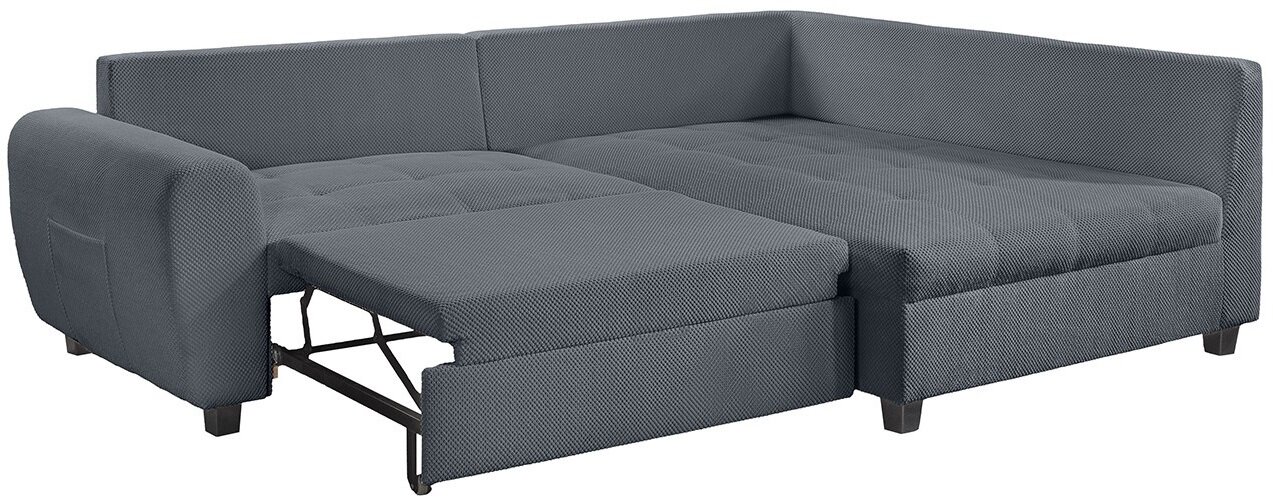 Graue Rundecke (L) mit ausziehbarem Bett, perspektivisch von vorne links gesehen.
