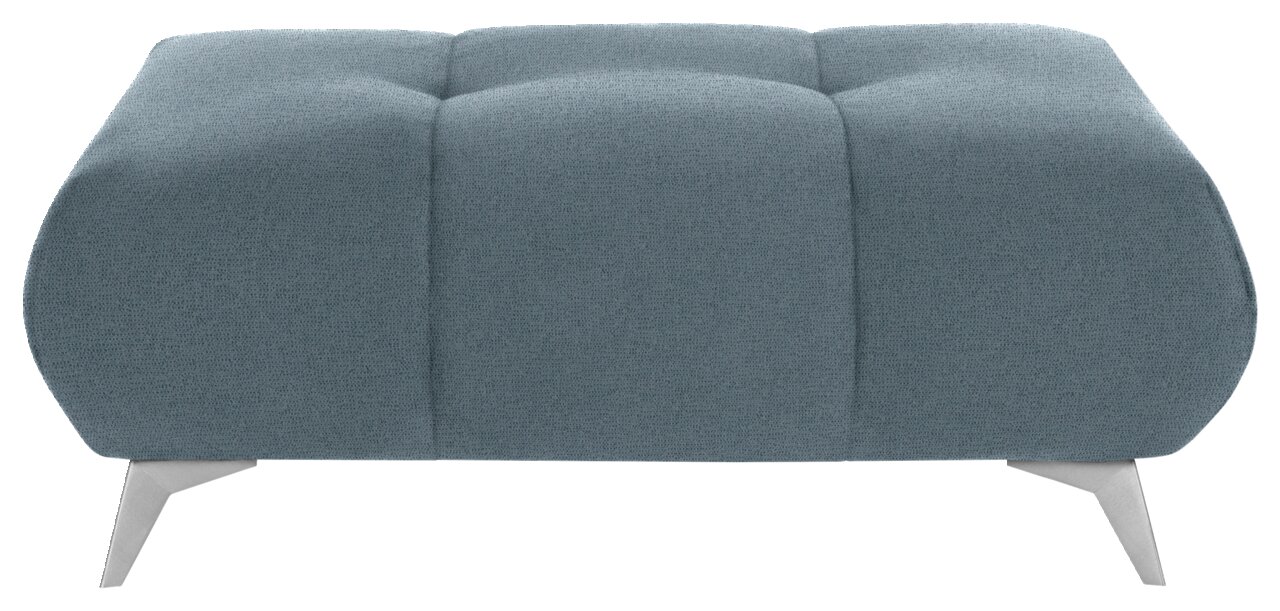 Hom´in Hockerbank FELLINI II. Hockerbank in blauer Polsterung, frontal betrachtet, mit modernen Metallbeinen.