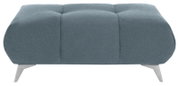 Zitbank met blauwe bekleding, gezien vanaf de voorkant, met moderne metalen poten.