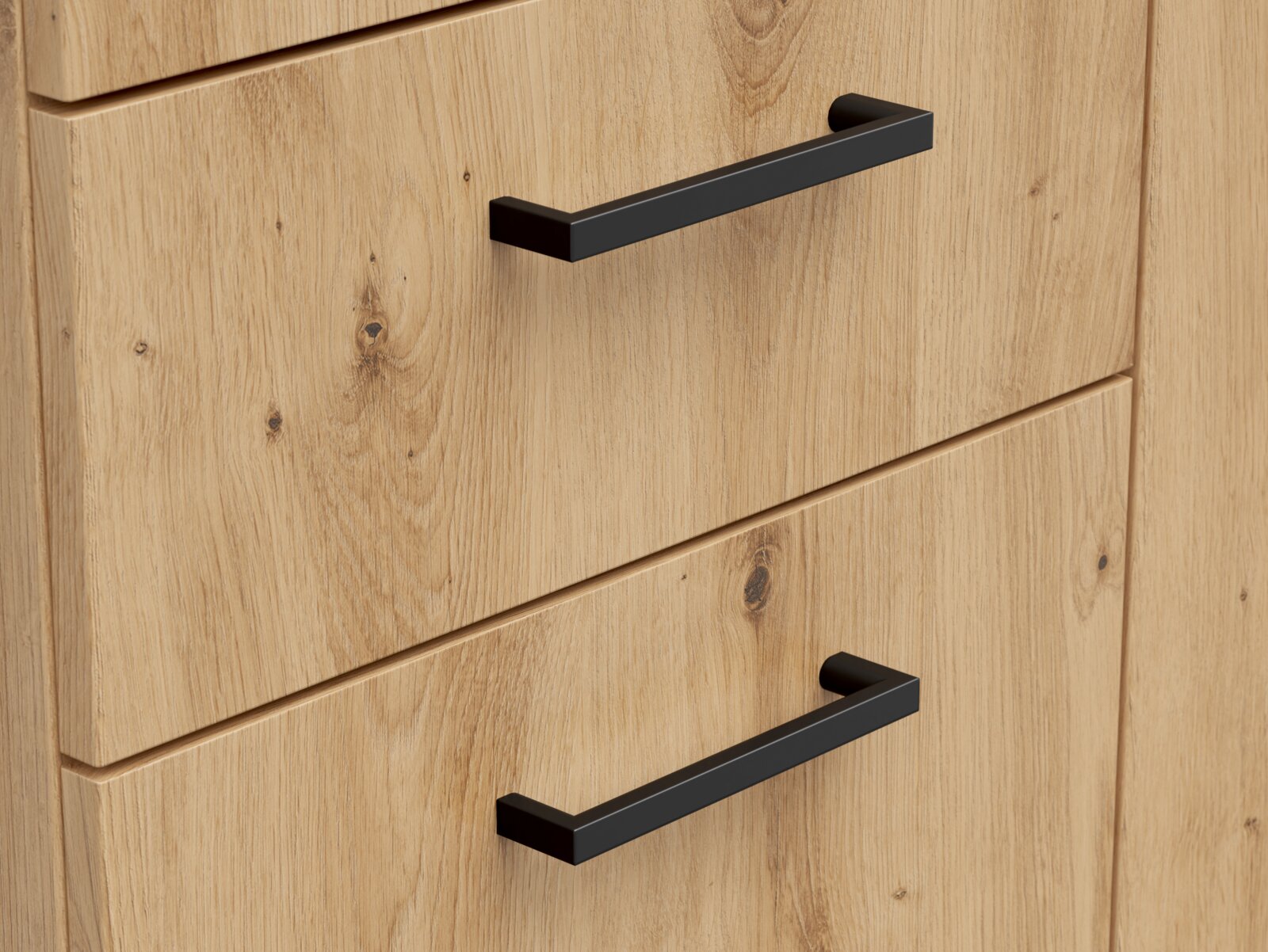 Carryhome Ladekast MULTISTAURAUM Nahaufnahme einer Kommode aus hellem Holz mit schwarzen Griffen, seitliche Perspektive