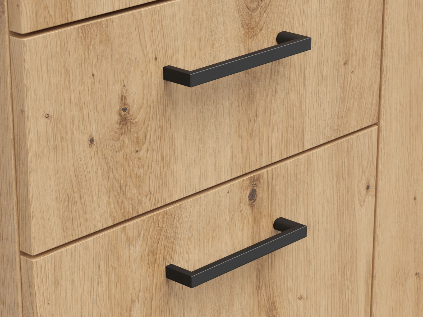 Carryhome Kommode MULTISTAURAUM Nahaufnahme einer Kommode aus hellem Holz mit schwarzen Griffen, seitliche Perspektive