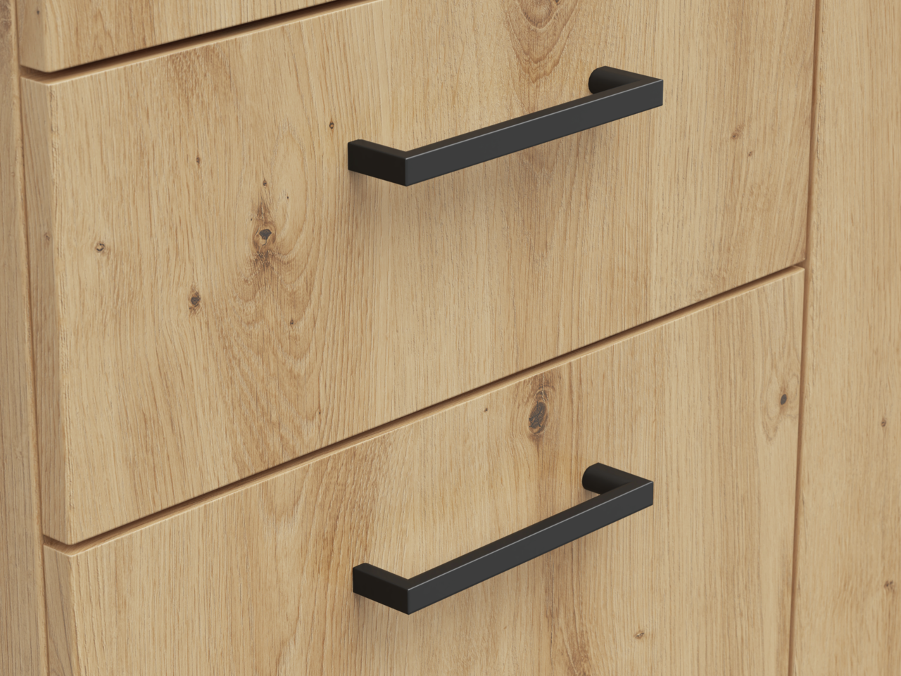 Carryhome Kommode MULTISTAURAUM Nahaufnahme einer Kommode aus hellem Holz mit schwarzen Griffen, seitliche Perspektive