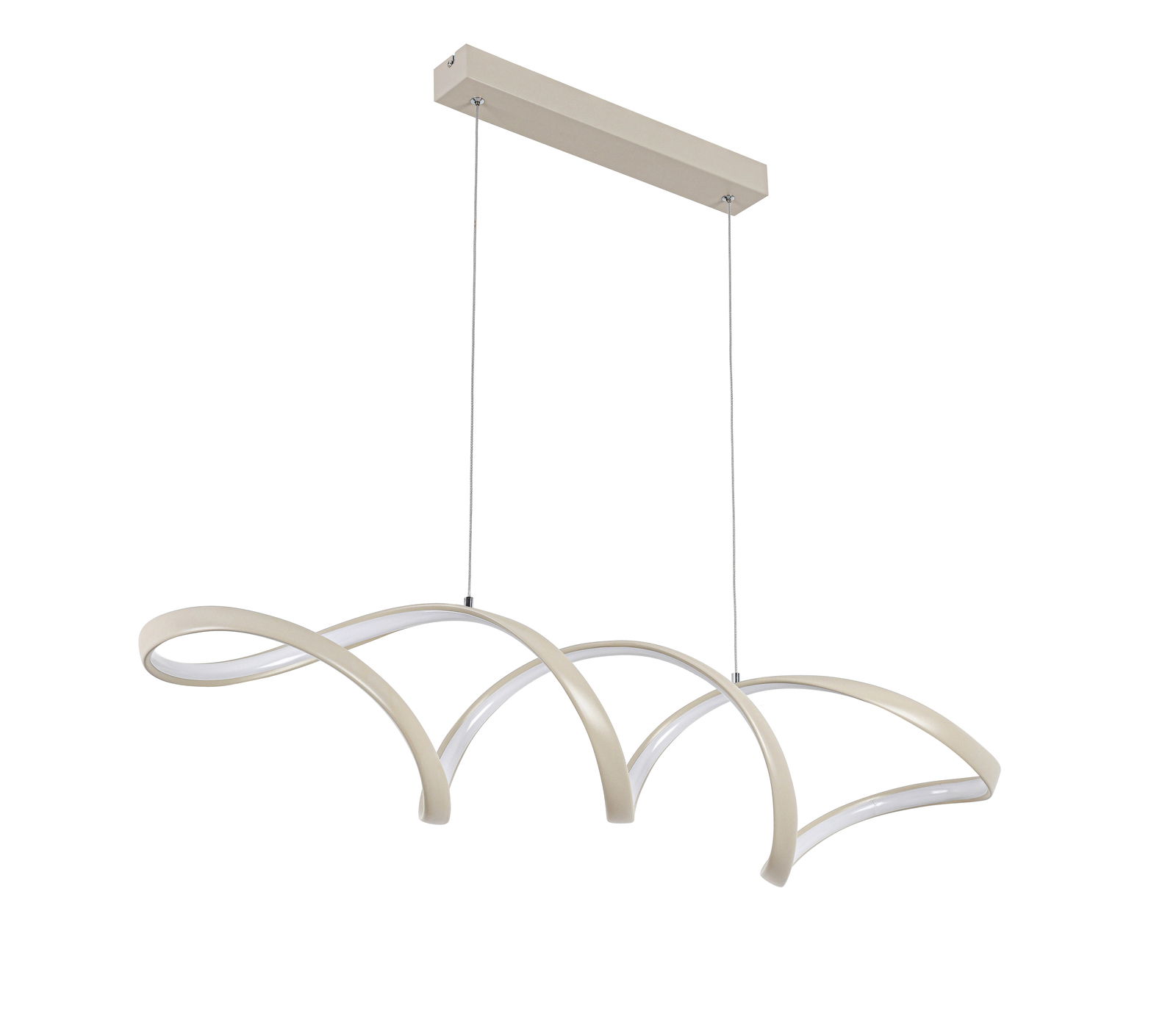 Moderne LED-Hängeleuchte mit geschwungenem Design, seitliche Perspektive