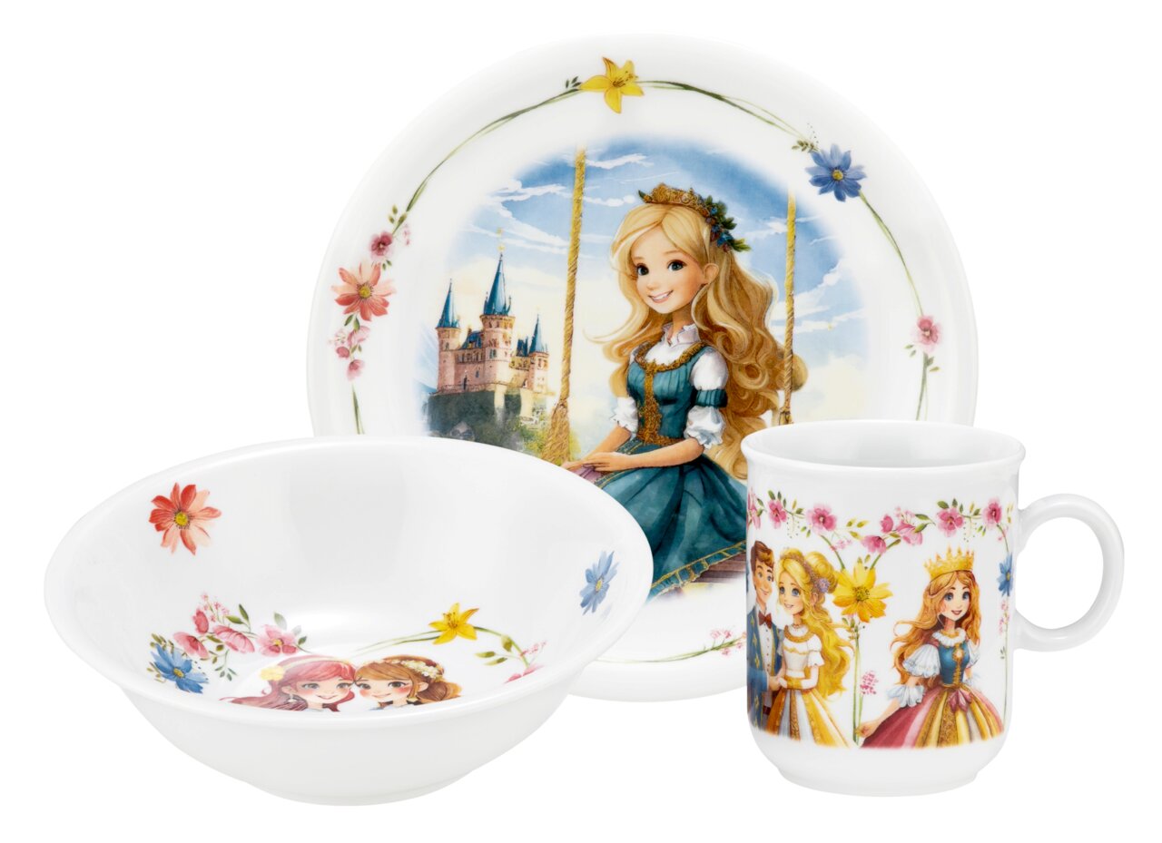 Kinder-Set 3-teilig mit Teller, Schale und Tasse, verziert mit Prinzessinnen- und Schlossmotiven, aus der Vorderansicht.