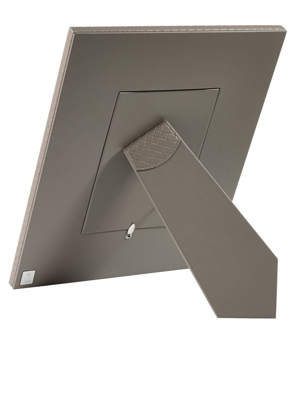 Rückansicht eines grauen Bilderrahmens 13x18 cm mit aufklappbarem Ständer.