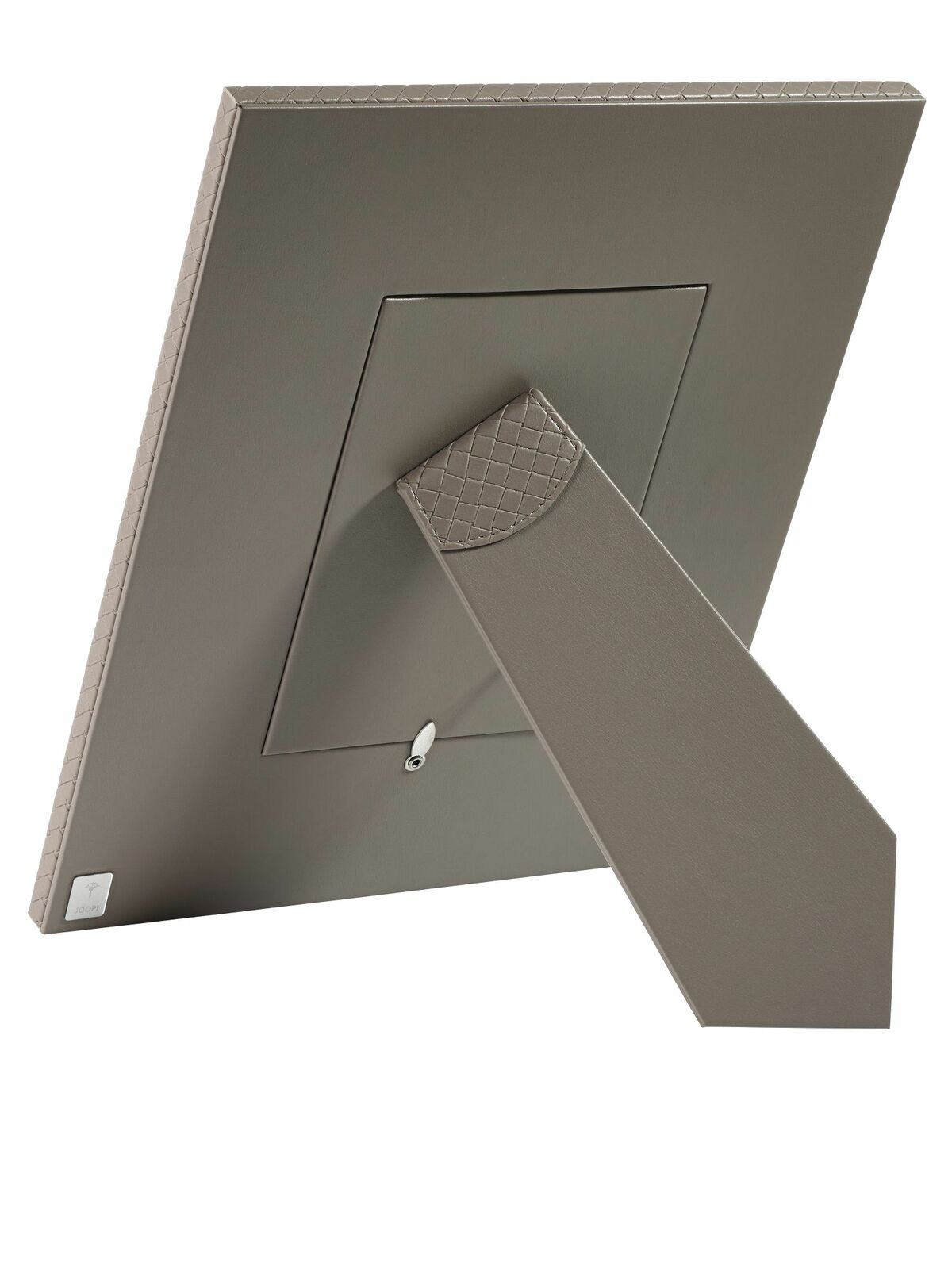 Rückansicht eines grauen Bilderrahmens 13x18 cm mit aufklappbarem Ständer.