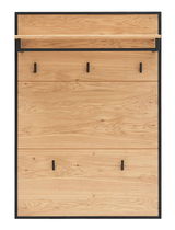 Garderobenpaneel aus Holz mit schwarzem Rahmen, fünf Haken und einer oberen Ablage, Frontalansicht