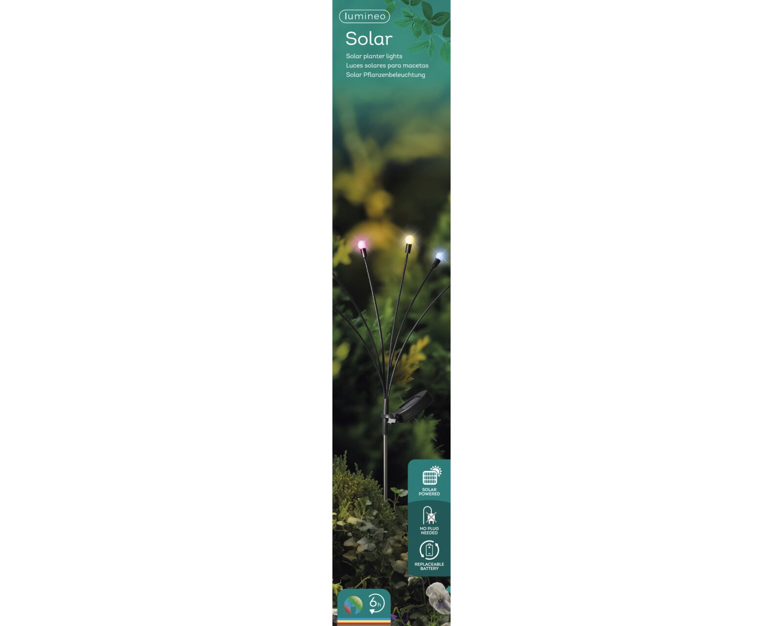 Solar Stabbeleuchtung mit bunten LED-Lichtern, die aus einer Gartenperspektive gezeigt wird.