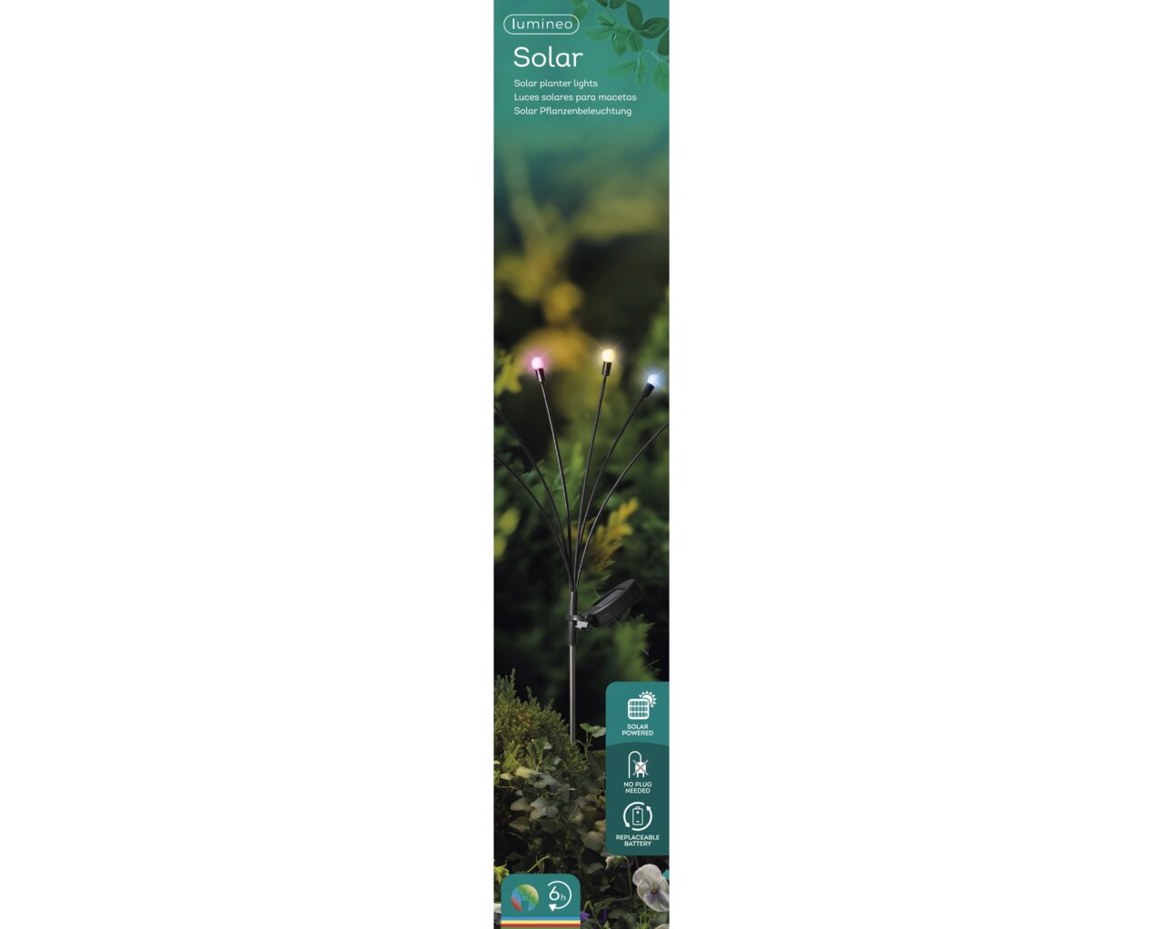 Solar Stabbeleuchtung mit bunten LED-Lichtern, die aus einer Gartenperspektive gezeigt wird.