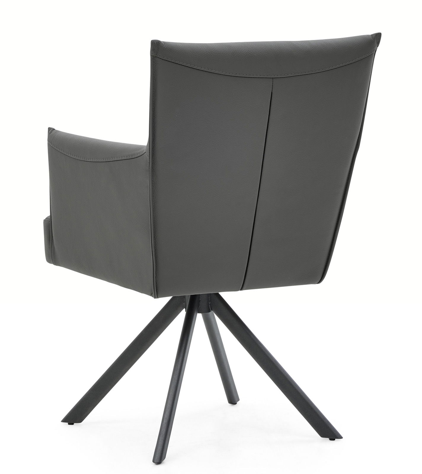 Rückansicht eines modernen Armlehnstuhls mit schwarzem Lederbezug und vier schwarzen Metallbeinen.