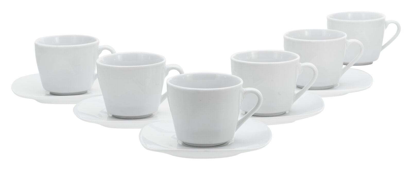 Sechsteiliges Set aus weißen Kaffeetassen mit passenden Untertassen, in schräger Vorderansicht auf weißem Hintergrund