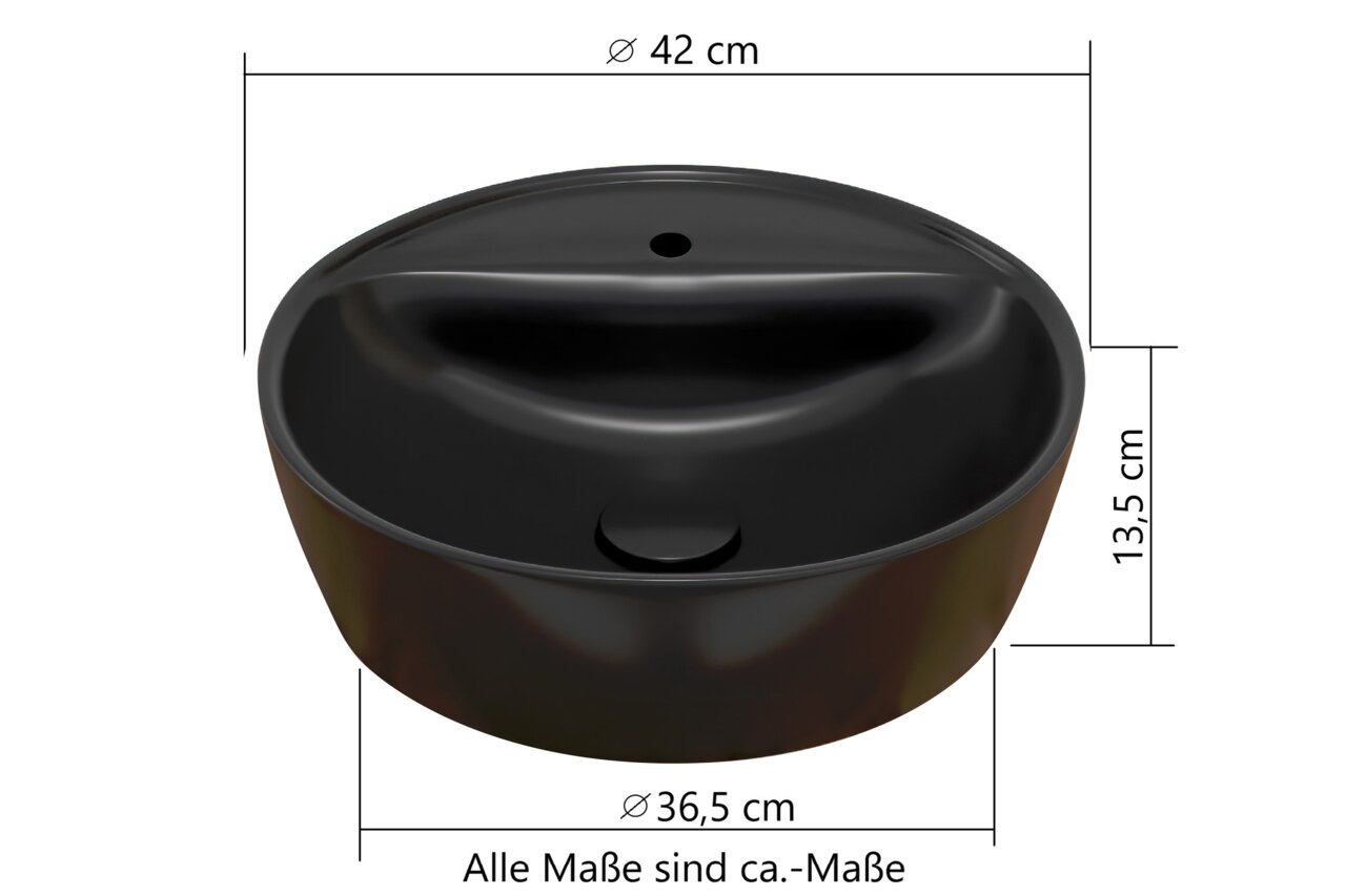Schwarzes, rundes Waschbecken mit einem Durchmesser von 42 cm und einer Höhe von 13,5 cm, seitliche Perspektive