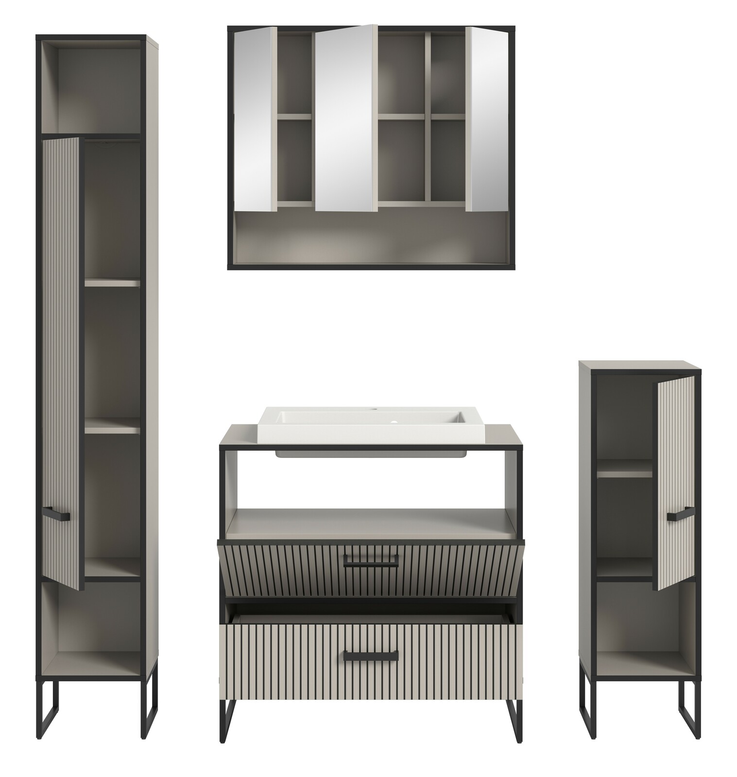 Moderne Badkombination mit Spiegelschrank, Waschbeckenunterschrank und zwei Hochschränken, frontal abgebildet.