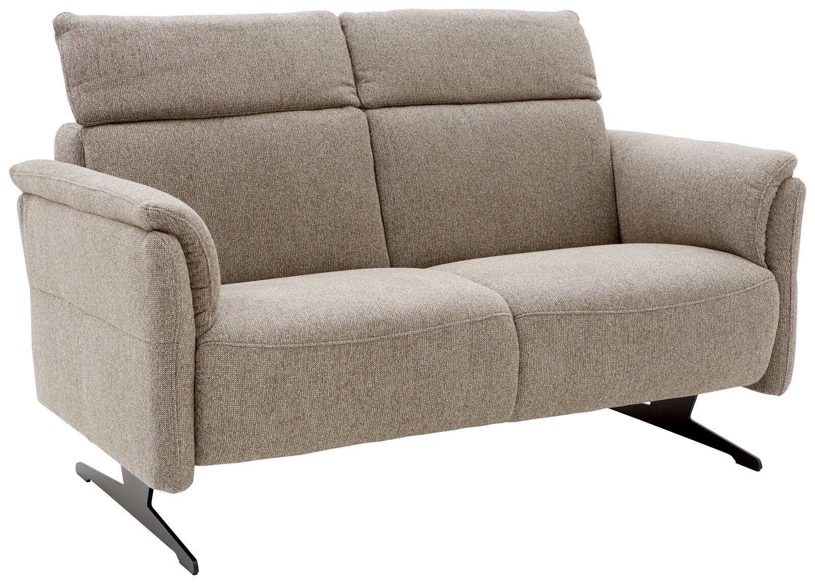 Zweiersofa in beige, seitliche Perspektive, mit gepolsterten Armlehnen und Metallfüßen.