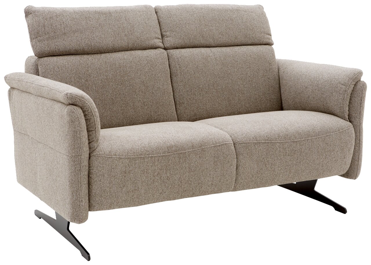 Tweezitsbank in beige, zijaanzicht, met gestoffeerde armleuningen en metalen poten.