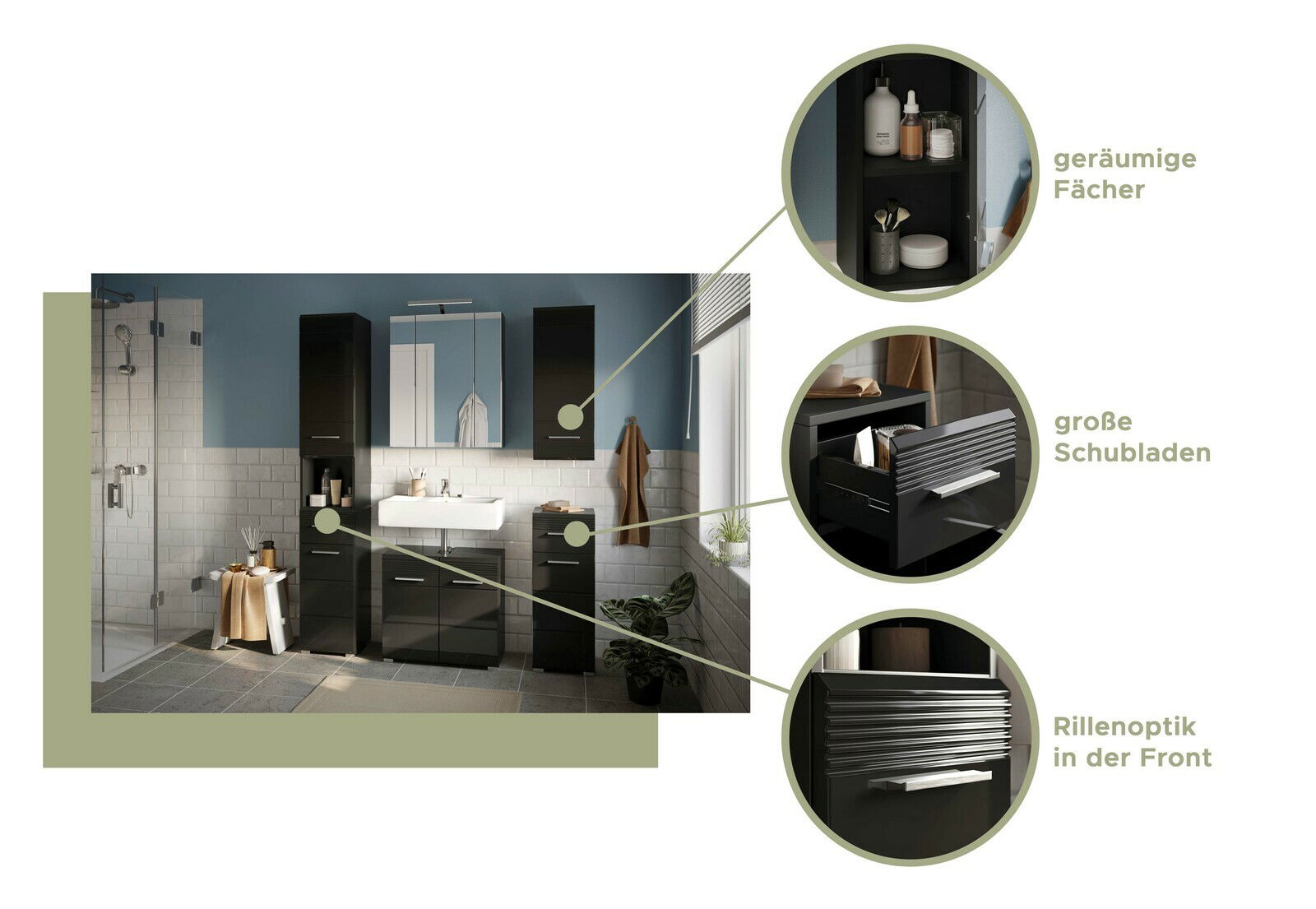 Moderne Badezimmermöbelkombination in dunklem Design mit geräumigen Fächern und großen Schubladen, Rillenoptik in der Front, frontal abgebildet.